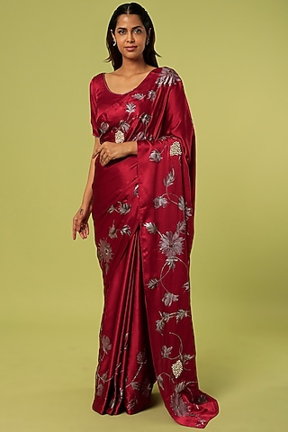 Maroon Embroidered & Hand Painted Saree by MUKSWETA